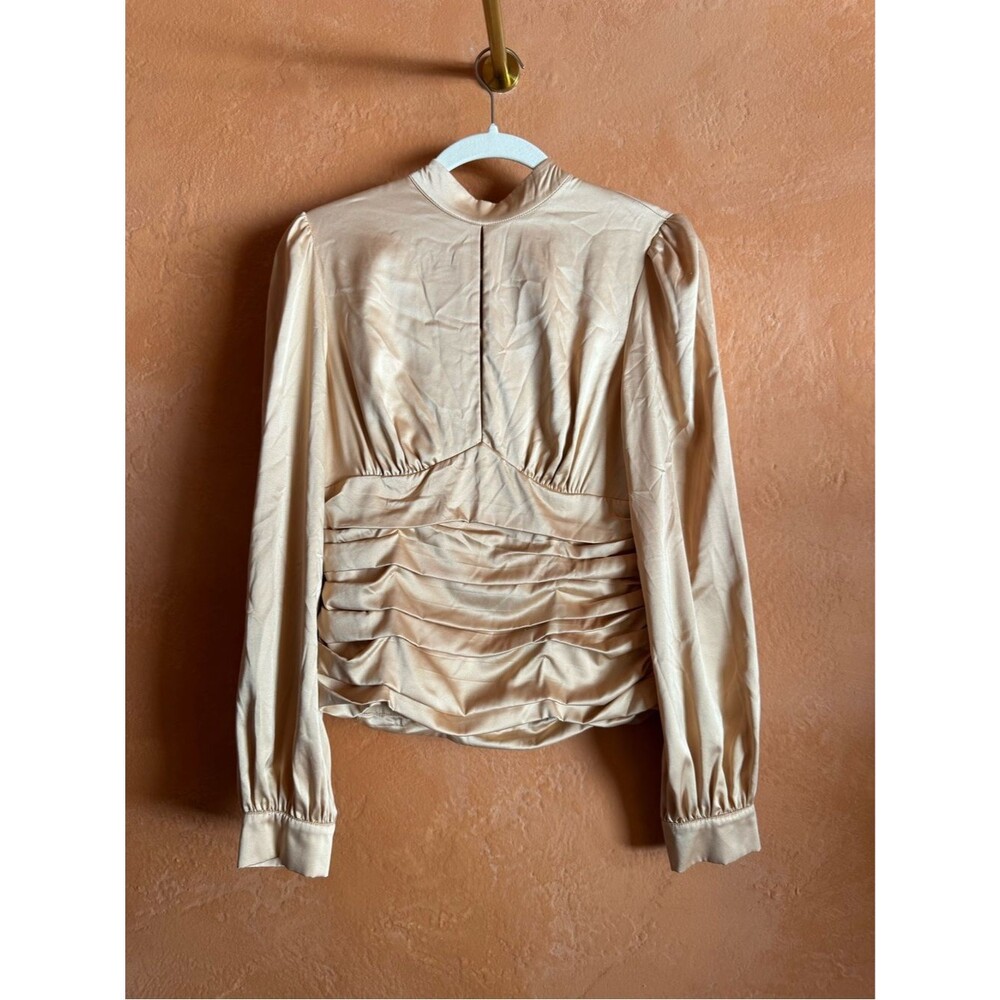Badgley Mischka Satin Ruched Blouse Size 6 Tie Neck Puff Sleeve Top